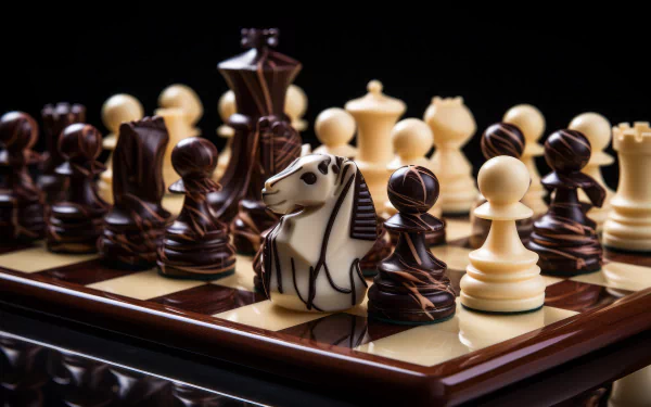 HD wallpaper of artistic chocolate chess pieces on a chessboard, showcasing AI-generated art for desktop background.
