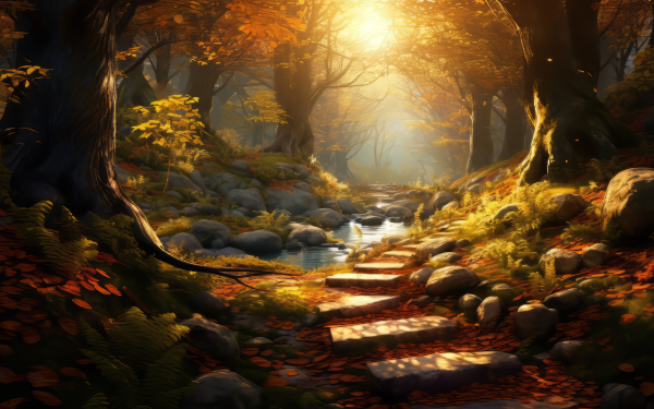 HD wallpaper of a tranquil autumn forest with sunbeams filtering through the trees, illuminating a stone path along a stream.