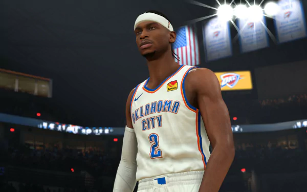 An HD desktop wallpaper of a player from NBA 2K24 video game representing the Oklahoma City basketball team, capturing the detailed graphics and atmosphere of the game.
