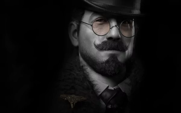 A stylish HD wallpaper featuring a character from the video game Lies Of P, showcasing a man in a top hat and glasses, exuding a mysterious and sophisticated air against a dark background.