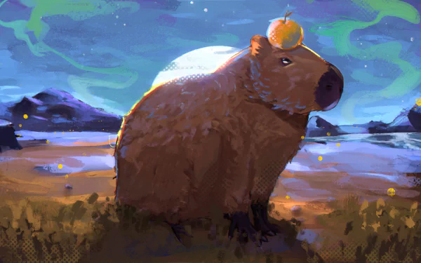HD desktop wallpaper depicting a capybara sitting under moonlight with mountains and vibrant aurora borealis in the background.