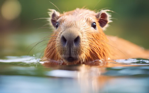 HD desktop wallpaper of a capybara swimming, with its head emerging from the water, highlighting the animal’s serene gaze and wet fur.