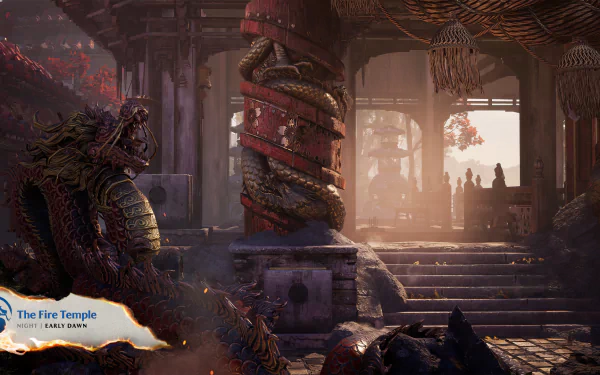 HD desktop wallpaper from Mortal Kombat featuring The Fire Temple scene with intricate dragon architecture and atmospheric lighting.
