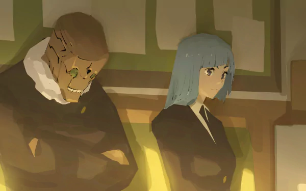 HD anime desktop wallpaper featuring Kasumi Miwa and Kokichi Muta from Jujutsu Kaisen in a dimly lit, stylized setting.