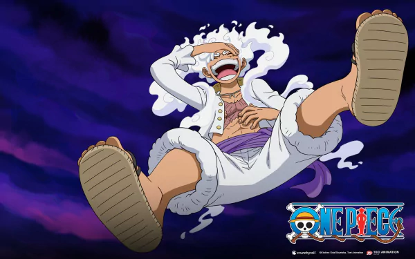 Powerful Gear 5 transformation of Monkey D. Luffy from One Piece series showcased in stunning HD desktop wallpaper background.