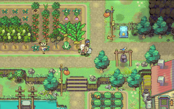 Alt-text: Eastward: Octopia HD desktop wallpaper featuring a vibrant in-game scene with characters exploring a lush farm and town environment.