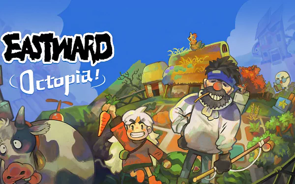 HD desktop wallpaper of Eastward: Octopia, featuring a whimsical illustration with two characters and a cow in a vibrant, cartoony village setting.