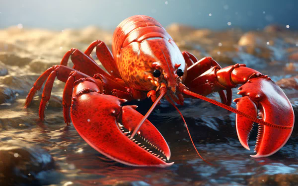 A vibrant lobster emerges from the water, showcasing its striking red color and detailed features, making it a captivating sea life desktop wallpaper.