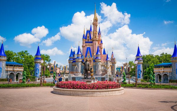 HD wallpaper of Cinderella Castle at Walt Disney World with clear blue sky background.