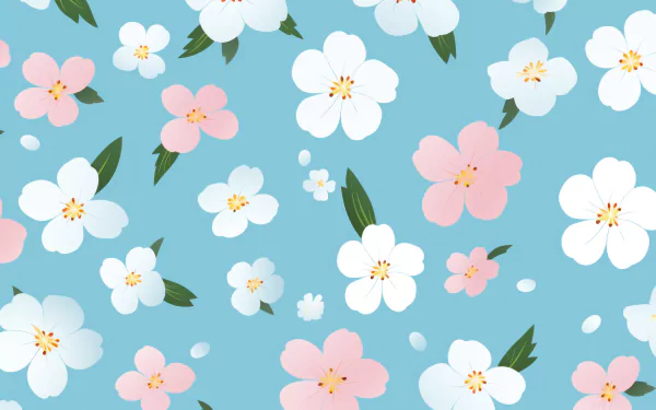 HD desktop wallpaper featuring an abstract pattern of white and pink flowers with green leaves on a soft blue background, encompassing an aesthetic blue theme.