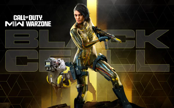 HD desktop wallpaper for Call of Duty: Warzone 2.0 featuring a female soldier in futuristic armor, poised with a weapon.