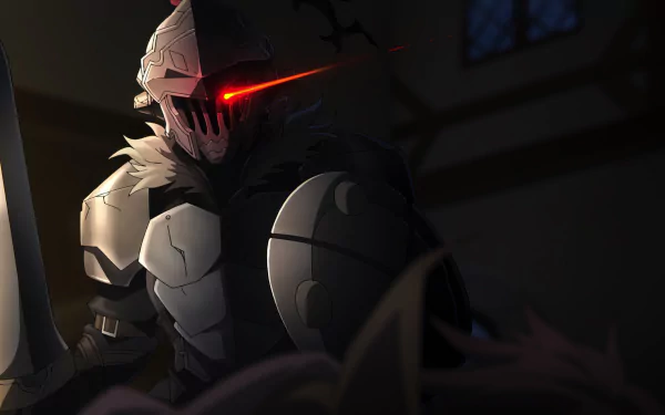 HD desktop wallpaper featuring Goblin Slayer from the anime, poised in battle with a glowing red eye and detailed armor.