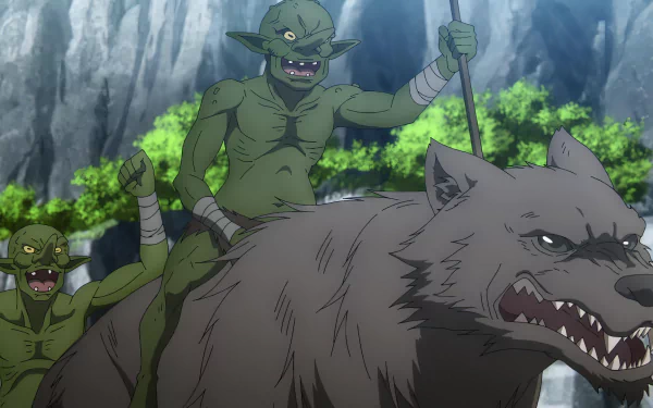 HD desktop wallpaper from Goblin Slayer anime featuring a menacing goblin wielding a spear and another riding a fierce wolf in a rocky terrain.
