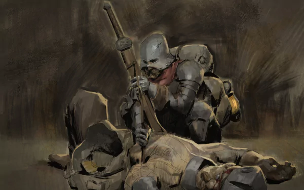 HD desktop wallpaper from the video game Dark and Darker, featuring a warrior in armor crouching over a fallen enemy in a dimly lit, ominous setting.