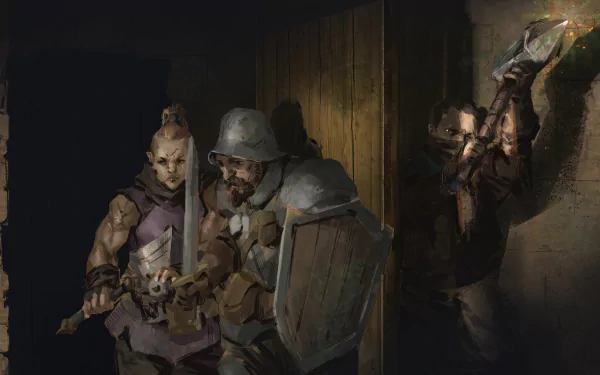HD desktop wallpaper featuring characters from the video game Dark and Darker, depicting a warrior, an archer, and a mage poised for battle in a dimly lit corridor.