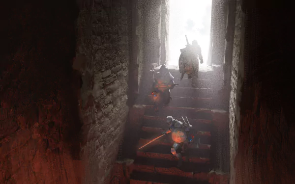 HD desktop wallpaper from the video game Dark and Darker, featuring armored characters ascending a dimly lit, stone staircase towards a bright light.