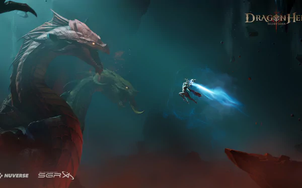 A captivating HD wallpaper from the video game Dragonheir: Silent Gods, showcasing an epic scene with a hero battling massive, mythical serpents in a dramatic atmosphere.