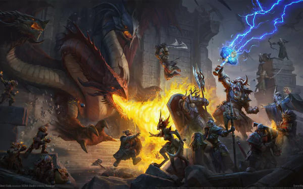 HD Dragonheir: Silent Gods wallpaper featuring an epic battle scene with dragons and warriors for desktop background.