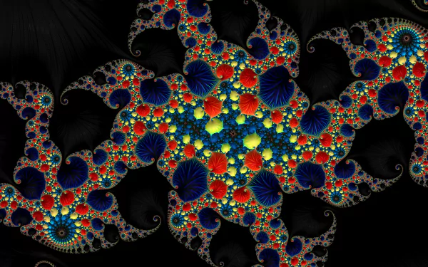 Dark black abstract fractal of multicolored, jewel-like spirals and intricate patterns — 8K Ultra HD PC desktop wallpaper and background