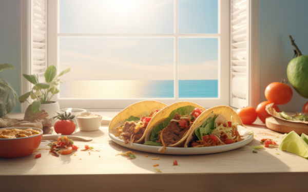 HD wallpaper of delicious tacos on a plate with a seaside view through a window, perfect for a food-themed desktop background.
