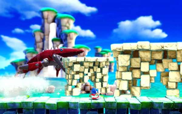 HD desktop wallpaper from Sonic Superstars featuring Sonic dodging a giant red fish leaping over a water barrier with a vibrant sky in the backdrop.