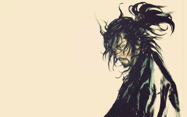 HD desktop wallpaper featuring the intense and dynamic portrayal of Miyamoto Musashi from Vagabond, set against a minimalist beige background.