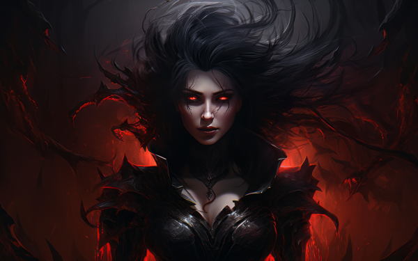 HD wallpaper of a fierce vampire character with glowing red eyes and dark, windswept hair, set against a fiery red background, ideal for a gothic-themed desktop background.