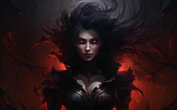 HD wallpaper featuring an artistic depiction of a vampire with dark, swirling hair and a menacing red-hued background.
