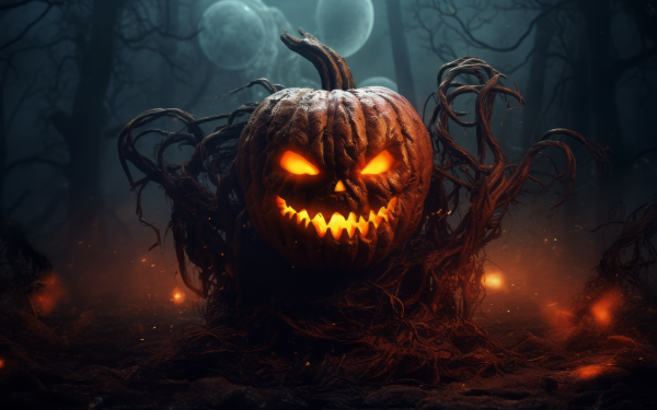 Halloween themed HD desktop wallpaper featuring a spooky pumpkin head with glowing eyes in a misty, eerie forest.