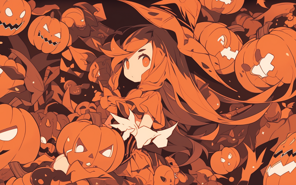 Halloween-themed HD desktop wallpaper featuring an illustrated character surrounded by pumpkins.