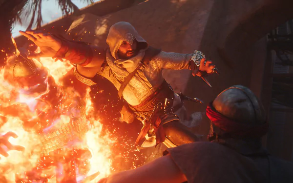 Assassin's Creed Mirage character in action, HD desktop wallpaper with fiery background.