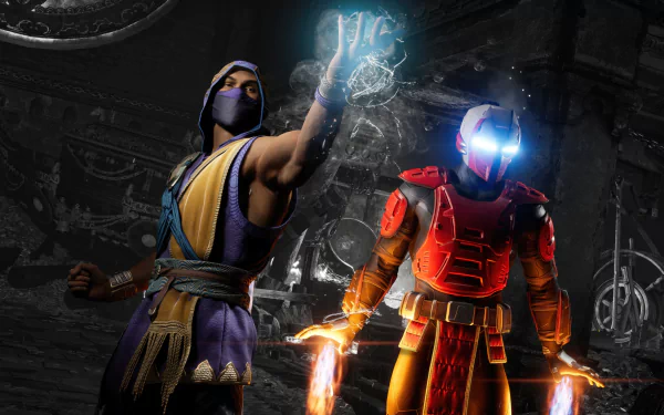 HD wallpaper featuring the Mortal Kombat characters Rain and Sektor in a dynamic pose, showcasing their powers in the iconic fighting game's setting.