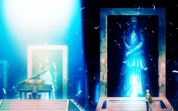 4K Ultra HD anime wallpaper featuring Cid Kagenou and Rose Oriana from The Eminence in Shadow, with vibrant blue tones and a mystical statue backdrop.