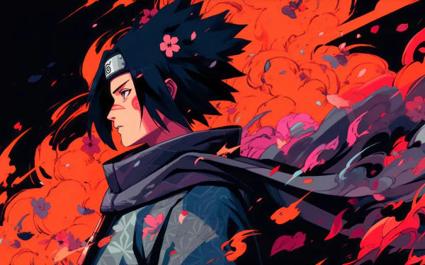 HD desktop wallpaper featuring Sasuke Uchiha from Naruto, set against a vivid backdrop of orange and pink hues.