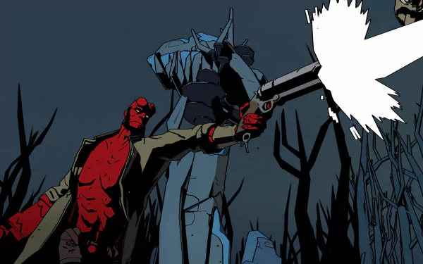 HD desktop wallpaper featuring Hellboy from the game 'Hellboy: Web of Wyrd' in a dynamic action pose with a glowing sword.