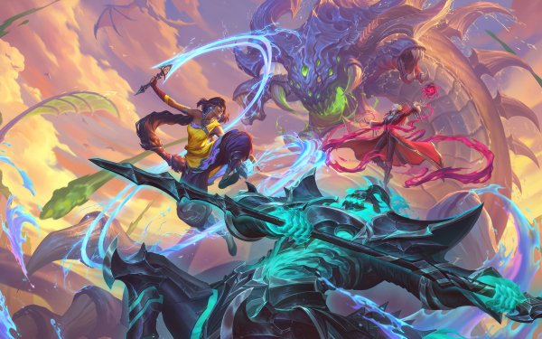 High-resolution desktop wallpaper featuring League of Legends champions Nilah, Thresh, and Vladimir battling the epic Baron Nashor.