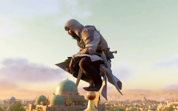 Assassin's Creed Mirage character perched on a rooftop overlooking a historic cityscape at dawn, HD wallpaper for desktop background.