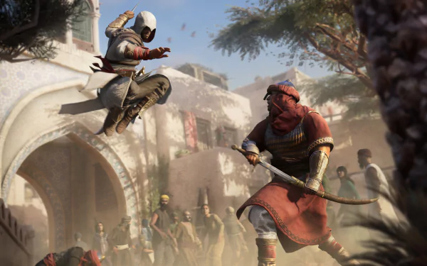 HD desktop wallpaper featuring a scene from Assassin's Creed Mirage with a character leaping above a crowded street towards an adversary.
