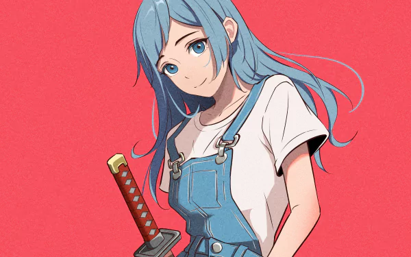 High-definition desktop wallpaper of Kasumi Miwa from the anime Jujutsu Kaisen, featuring her in a casual outfit with a sword, set against a red background.