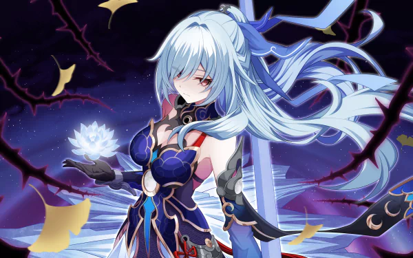 HD PC desktop wallpaper featuring Jingliu from the video game Honkai: Star Rail, showcasing her with flowing silver hair and a dark, intricate outfit against a cosmic backdrop.