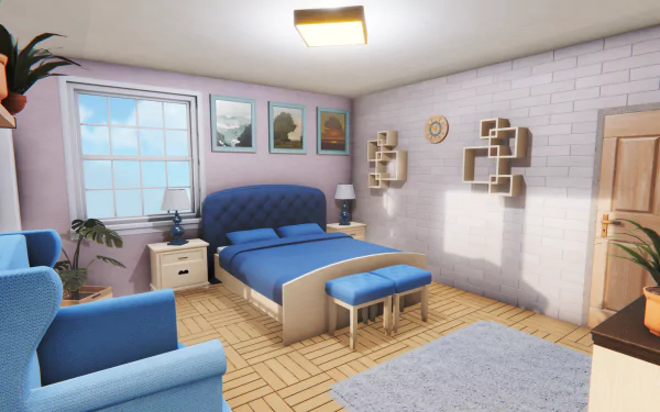 HD desktop wallpaper featuring a cozy bedroom interior design from House Flipper 2 with blue accents and stylish decor.