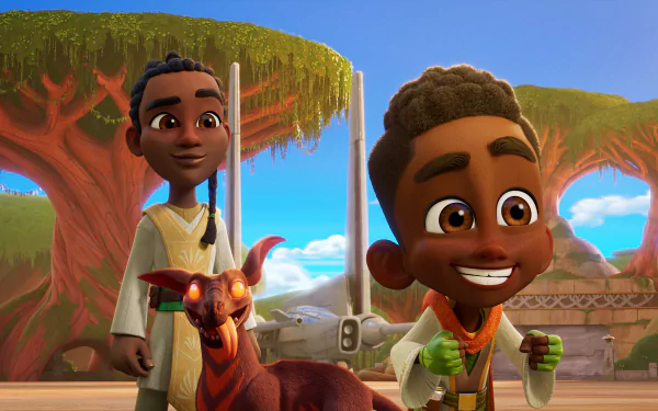 HD wallpaper featuring two young Jedi characters and a creature from Star Wars: Young Jedi Adventures animated series, set against a serene backdrop of a lush planet.