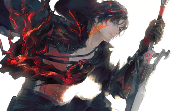HD desktop wallpaper of Clive Rosfield from Final Fantasy XVI, featuring dynamic, fiery visuals and a dramatically poised stance with a sword.