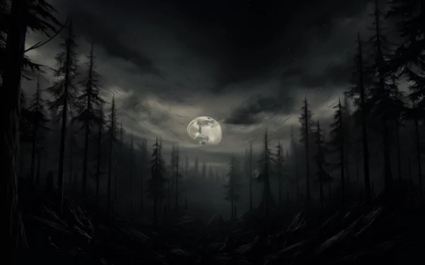 Moonlit forest with silhouetted trees as a mystical HD desktop wallpaper background.
