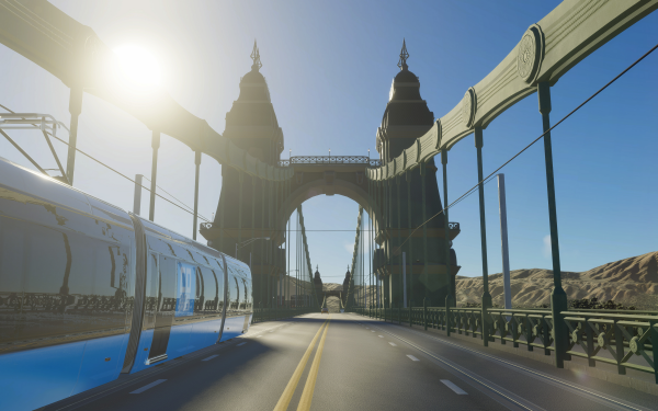 HD Cities: Skylines II wallpaper featuring a detailed bridge with a tram, providing a scenic desktop background under a clear blue sky.