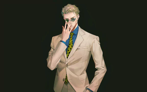 HD desktop wallpaper featuring Kento Nanami from Jujutsu Kaisen, depicted in a stylish suit with a distinctive tie, against a dark background.