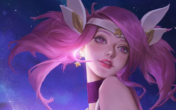 HD desktop wallpaper of Lux from League of Legends, featuring a close-up of her face with radiant pink hair and glowing magical staff.