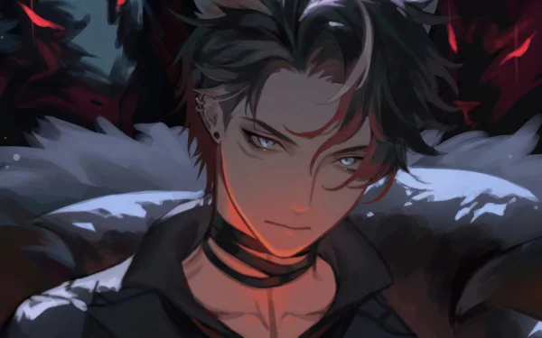 HD desktop wallpaper featuring Wriothesley from Genshin Impact with a mysterious and intense gaze, set against a dark, fiery background.