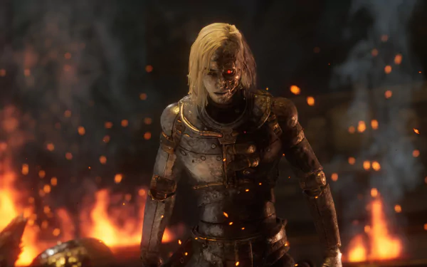 HD wallpaper of Lies Of P featuring a character with glowing red eyes standing amidst fire and embers for desktop background.