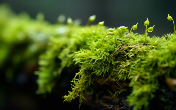 HD desktop wallpaper of vibrant green moss with tiny sprouts perfect for a natural background.